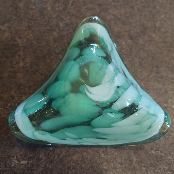 VTG MCM Hand Blown Glass Dish Vase Green White Bubbles 3 Sided Jewelry Dish Heav - Picture 6 of 7